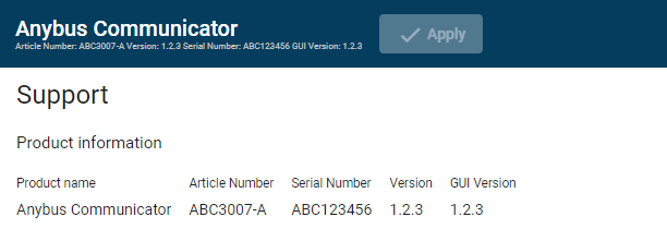 Support page, Product information example