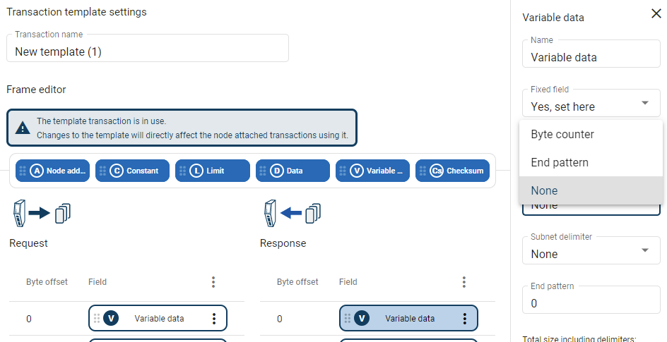 Transaction template variable data settings