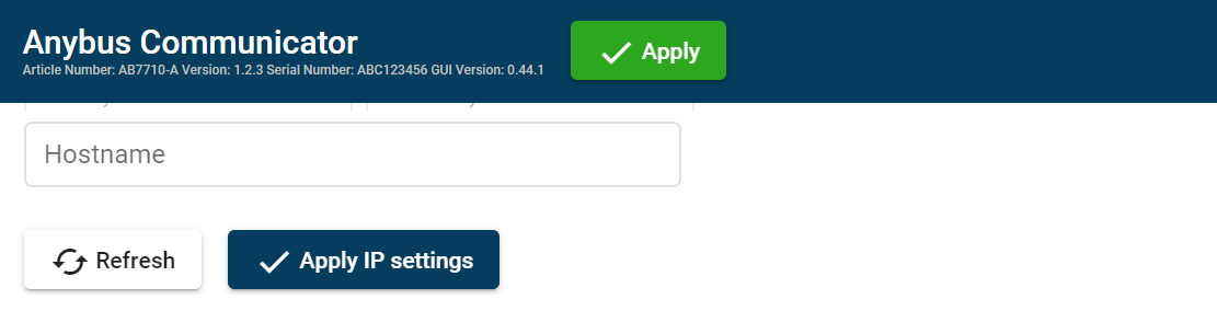 EtherNet/IP page, IP Settings Hostname