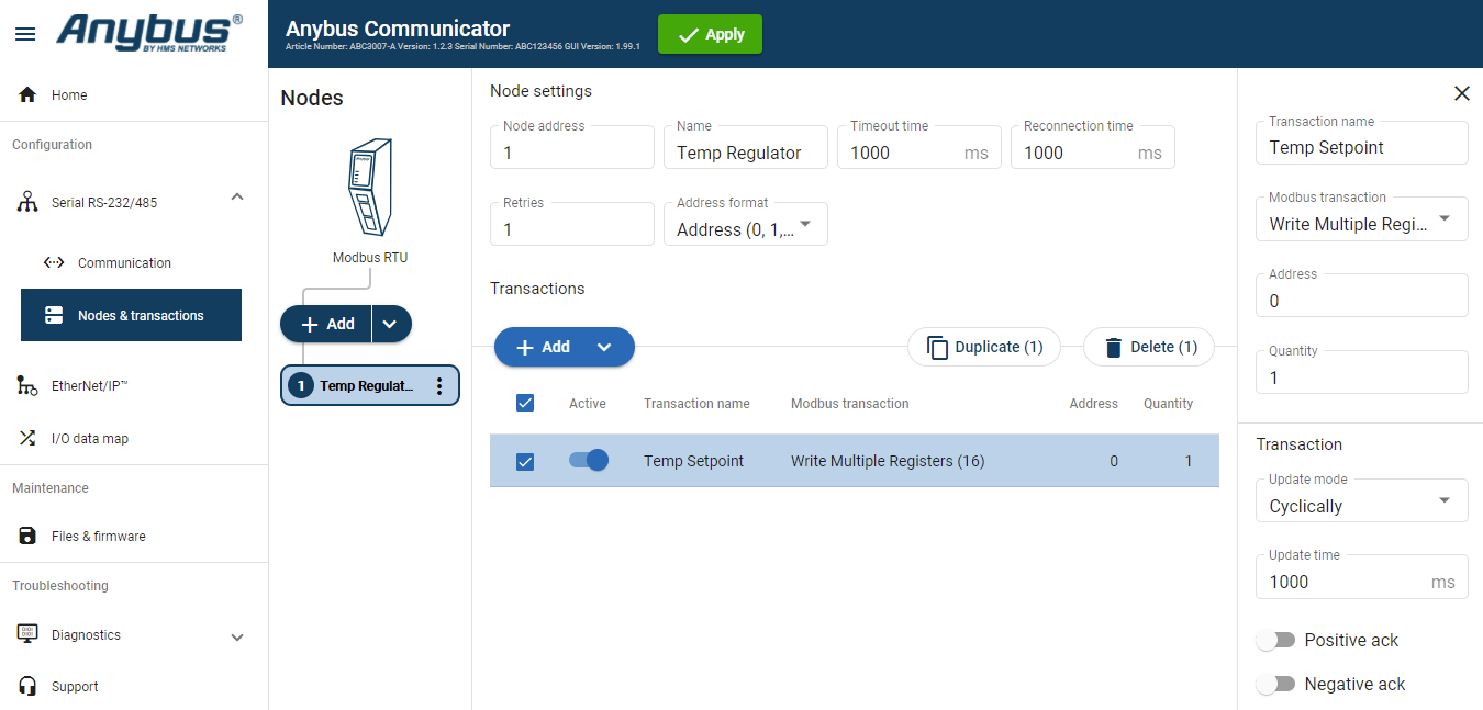 Temperature setpoint transaction
