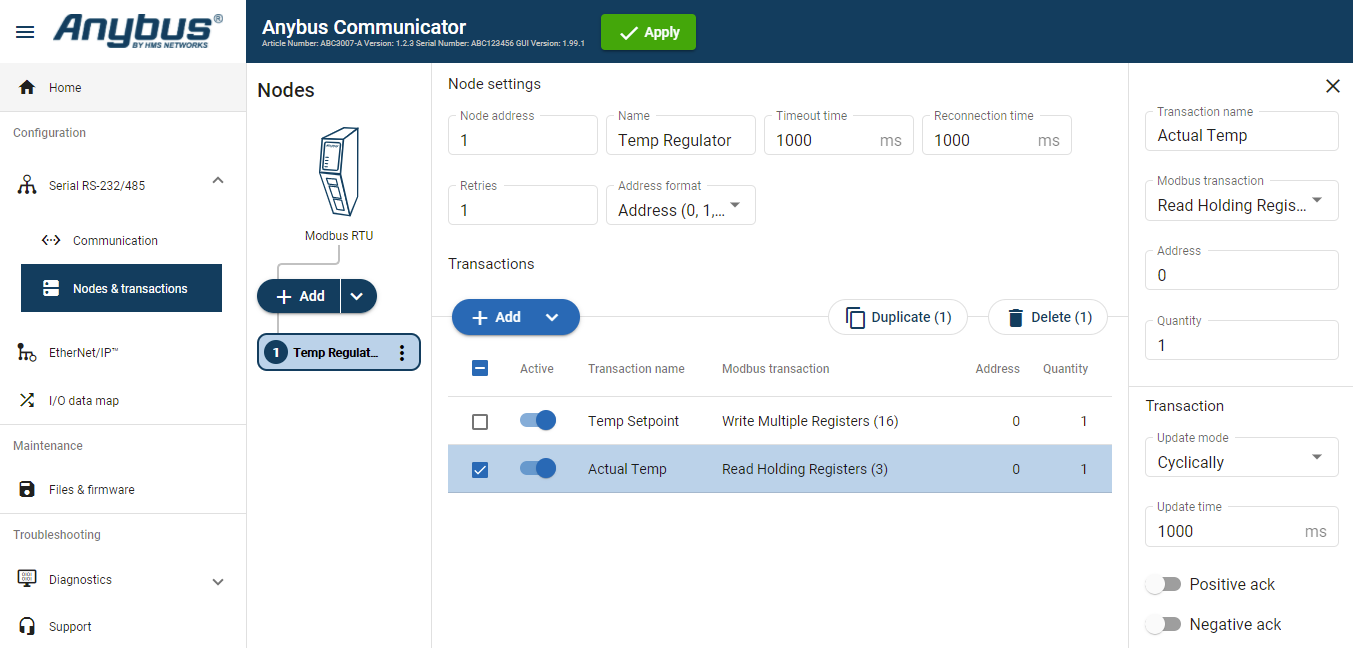 Actual temperature transaction