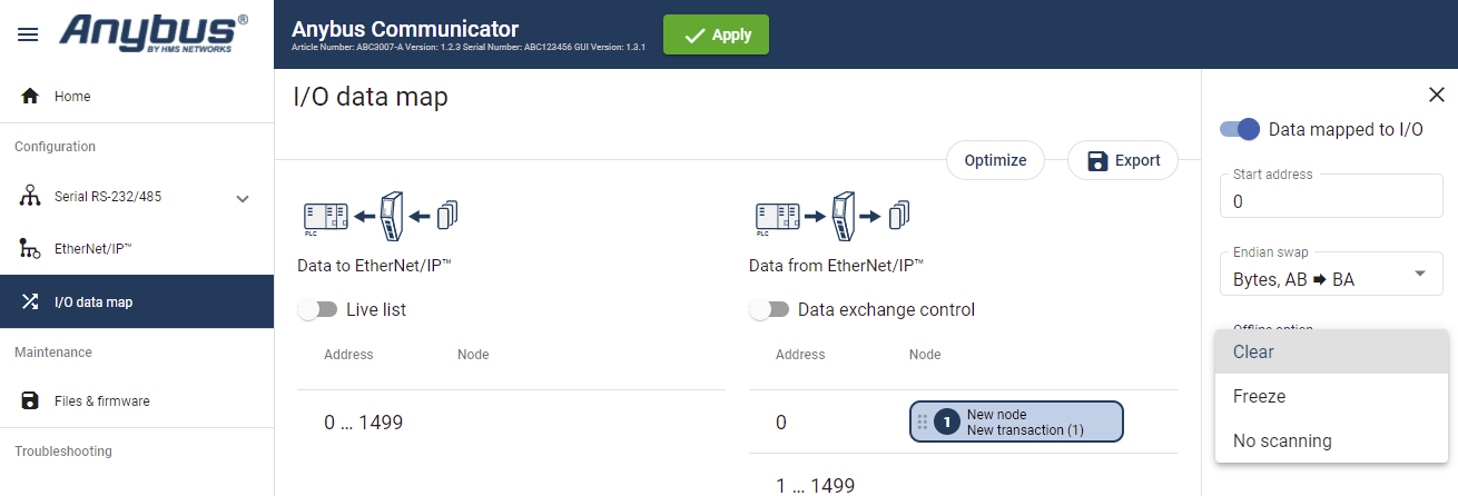 I/O data map page, Offline options