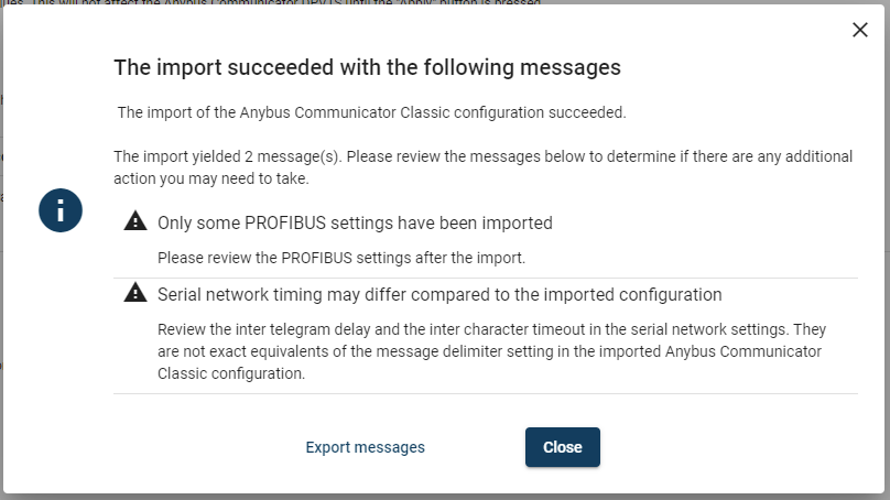 Example, list with messages about the import
