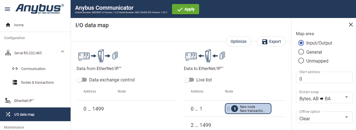 I/O data map page, Map area options