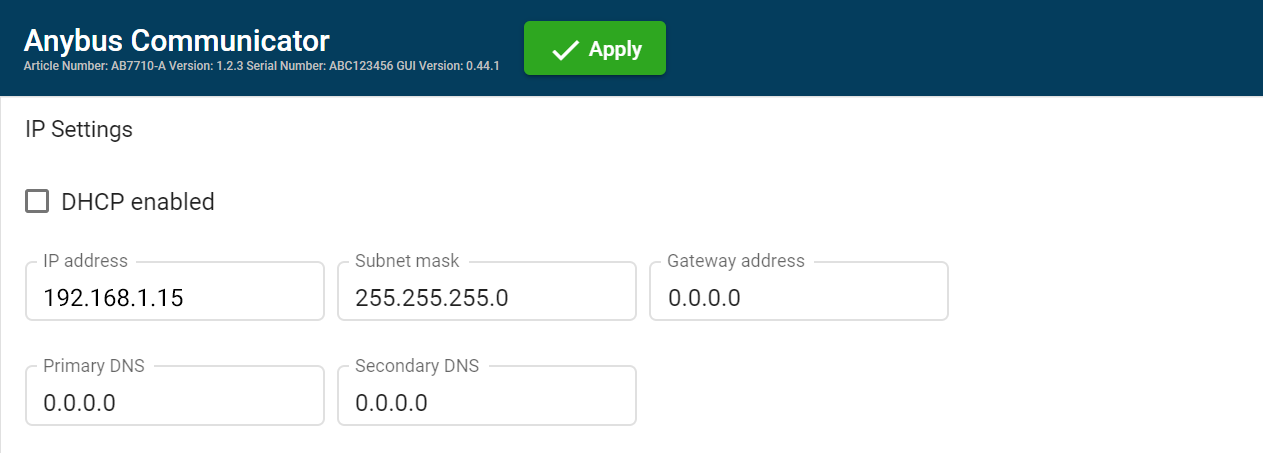 IP Settings, DCHP disabled