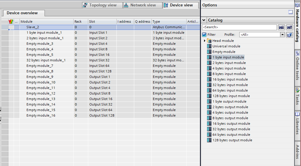 Example, fill unused module slots in TIA Portal